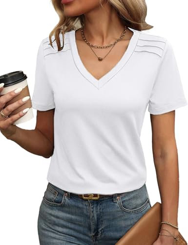 Zeagoo Damen Tshirt Weiss Kurzarm Casual Tshirt V Ausschintt Plissee Sommershirts Oberteile Einfarbig Basic Tops Weiß S