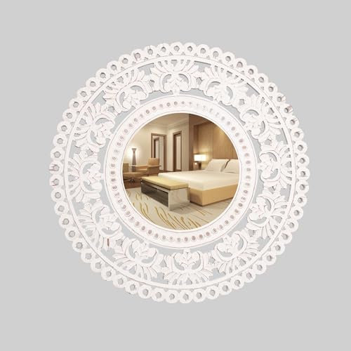 Homebia Designs Runder Wandspiegel aus MDF-Holz, geschnitzt, mit antikweißem Finish, eleganter dekorativer Spiegel für Wohnzimmer, Schlafzimmer und Eingangsbereich, 61 cm, Weiß antik