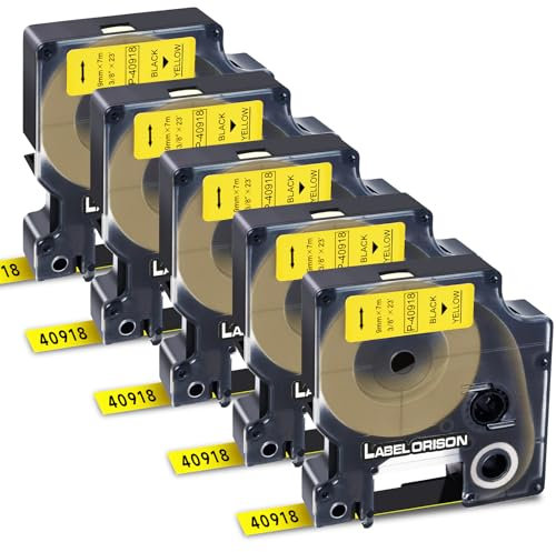 Label Orison A40918 Kompatibel mit Dymo D1-Etikettenband (9mm x 7m) Etikettierer Ersatz für Dymo LabelManager 160 220P 280 360D 420P 500TS, Schwarz auf Gelb, 5X