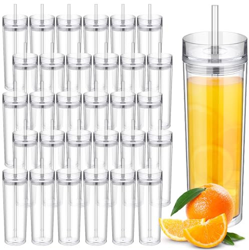 Hoolerry 30 Pcs Acrylic Skinny Tumblers 16 oz Acrylic Tumblers with Lids and Straws Double Wall Plastic Tumbler Skinny Tumbler Plastic Skinny Tumblers Bulk for Drink Party Birthday Gifts(White)