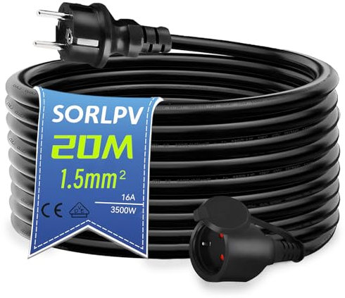 Sorlpv Verlängerungskabel Außen 20M, H05RR-F 3G1,5mm² Gummi Verlängerung Stromkabel Schwarz mit Schuko Steckdose inkl. Schutzkappe, IP44 Outdoor Verlängerungskabel 250V, 16A, 3500W