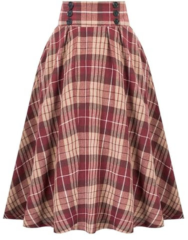 Damen Lang Rock Elegant Maxi Winterrock Plaid Warm Wollrock Hohe Taille Karierter röcke Elastische Taille Vintage A Linie Casual Midi Faltenrock Rock Damen Lang Vintage Elegant Plaid Warm Midi