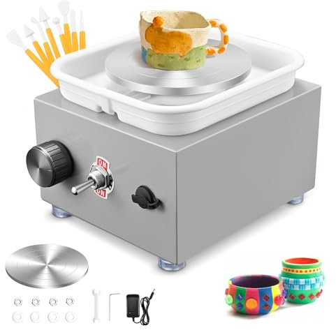 Mini Pottery Wheel, Couleeur 2000RPM & 10/6.5cm Turntable Electric Pottery Wheel, Adjustable Speed Pottery Wheel with Shaping Tools for Pottery DIY Shops, Pottery Teaching(Gray)