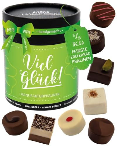 Hallingers Genuss Manufaktur Pralinen Glückwunsch-Geschenk - ohne Alkohol, handmade aus Confiserie-Edelkakao in wertiger XXL-Geschenkdose Viel Glück, Geschenkidee für Frauen Männer