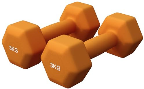 GORILLA SPORTS® Hanteln Set - Neopren, 2 x 3 kg, Gusseisen, Orange - Hexagon Kurzhanteln, Hantelset, Hantel Gewichte, Kurzhantelset für Pilates, Frauen, Männer, Fitness, Aerobic, Gymnastik