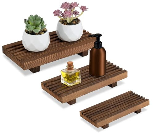 RETON Wood Tray Pedestal Stand Set, Wood Riser Wooden Soap Dish Dispenser for Kitchen Counter, Rustic Candle Plant Holder Bathroom Accessories (3, S+M+L)