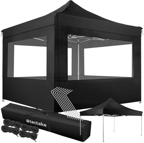 tectake® Alu Pavillon 3x3, Faltpavillon klappbar, wasserdicht, Partyzelt mit 4 Seitenwänden, inkl. Spannseile, Heringe und Tasche, Überdachung Balkon, Terrasse, Garten Pavillion - schwarz