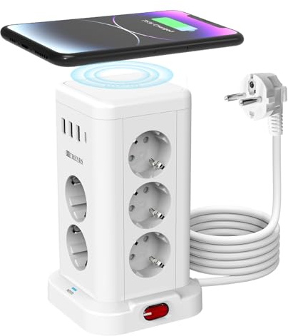 11-Fach Steckdosenturm mit USB-C | Mit Wireless Charger | 11Schuko+4 USB| Steckdosenturm mit Überspannungsschutz | Mit 2M kable | für Küche/Büro (230V/16A)