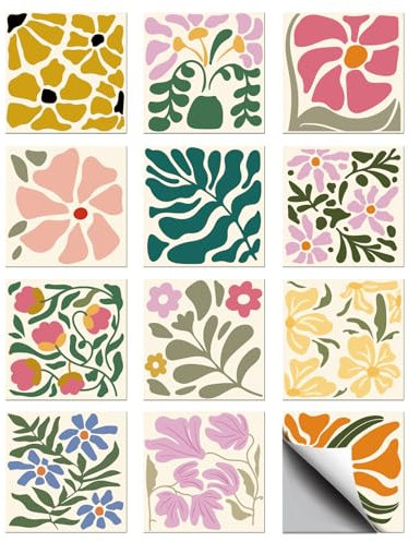 CHGCRAFT 36 Pz 12 Stile Adesivi per piastrelle Fiori astratti colorati da staccare e incollare Autoadesivi impermeabili per la decorazione artistica della parete del bagno della cucina, 4×4 pollici