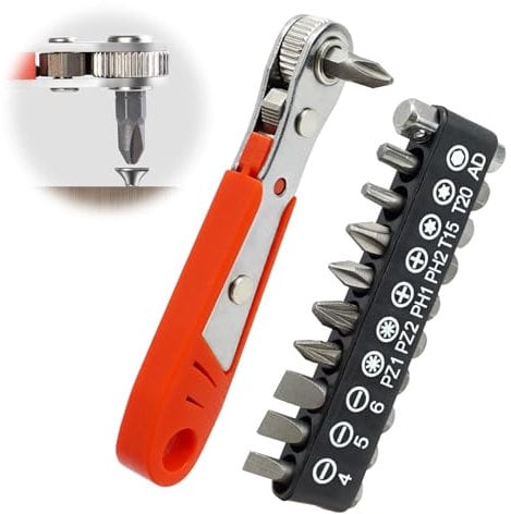 LLFYXM Right Angle Ratchet Screwdriver,11cm(4.3in) PH2 Magnetic Mini Ratchet Set with 36-Teeth Reversible Mechanism, High Torque Offset, Hole for Easy Storage, and A Set of Ten Bits for Small Spaces.