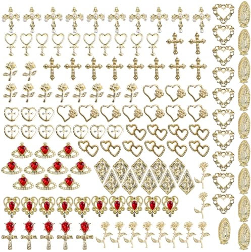 140 Pcs BMYUK Charms Gold 3D Nail Gems Heart Rhinestones Crosses Roses And Women DIY Hand Beauty Creative Nail Designs 14 Styles