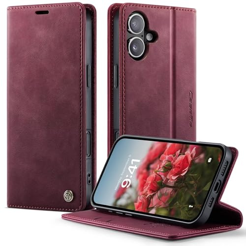 CaseMe Case for iPhone XR Flip Wallet Leather Phone Cover,[RFID Blocking] Luxury PU Leather Card Holder [Kickstand],Wine red