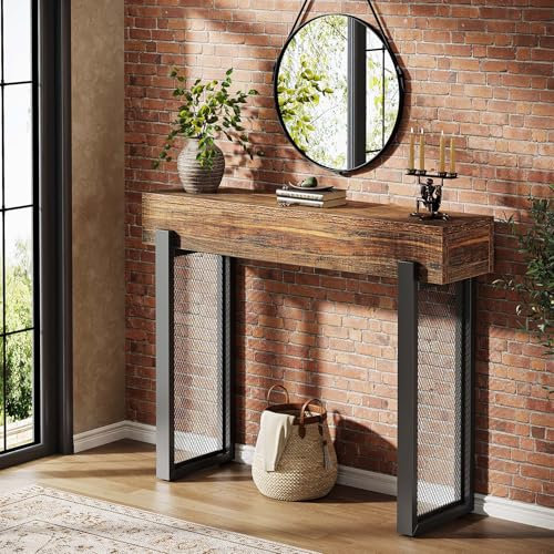 Tribesigns Table console de 105 cm avec espace de rangement, petite table d'entrée industrielle avec pieds en métal en maille, table basse étroite derrière le canapé pour salon, entrée, foyer, couloir