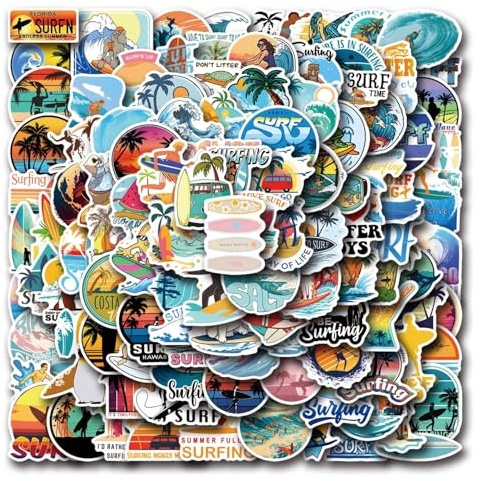 Luzhans Surfen wasserdichte Aufkleber Set Geschenk für Jugendliche Erwachsene 100 Stück Surf Vinyl Sticker Deko für Auto Motorräder Fahrrad Skateboard Snowboard Gepäck Laptop Scrapbook Auto Koffer