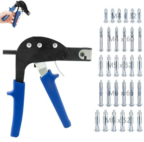Montagezang für Hohlraumdübel Set, Hohlraumdübel Metal, Hohlraumbefestigung Montagezange, mit 30 Pcs M4, M5, M6 Hohlraum Metalldübel mit Schrauben, Wandanker Einstellwerkzeug