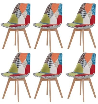 HJhomeheart Juego de 6 Sillas de Comedor de Tela Patchwork con Patas de Madera Maciza, Tapizadas para Comedor, Sala de Estar y Cocina (Rojo Nuevo)