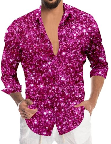 Duohropke Chemise à paillettes pour homme - Chemise dorée à manches longues - Costume des années 80 - En satin - Chemise boutonnée - Chemise de loisirs - Pour mariage, discothèque, fête, club