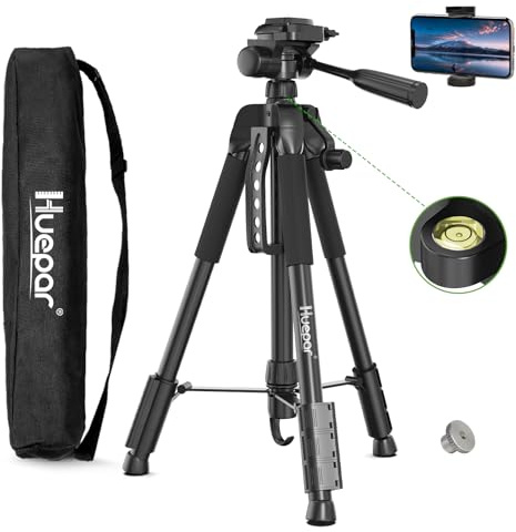 Huepar Trípode Regulable Portátil de 150cm para Nivel Láser,con Cabezal Panorámico Flexible de 3 Vías y Nivel de Burbuja,Soporte para teléfono con Tornillo 1/4-20 y Tuerca de Adaptación5/8-11