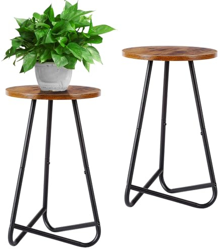 HDANI 50cm Rund Pflanzenständer 2 set,Hölzern Blumenregal Metall Pflanzenregal,Modernes Regal für Zimmerpflanzen für Wohnzimmer, Balkon und Büro,Schwarz Rustikales Braun