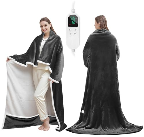 Elektrische Wärmedecke mit Fußtasche, tragbares Heizlaken mit Ärmeln, elektrischer Deckenponcho, 8 Heizstufen und 12 Stunden Zeitvorwahl, 127 * 177CM, Heated Blanket Electric Blanket Shawl