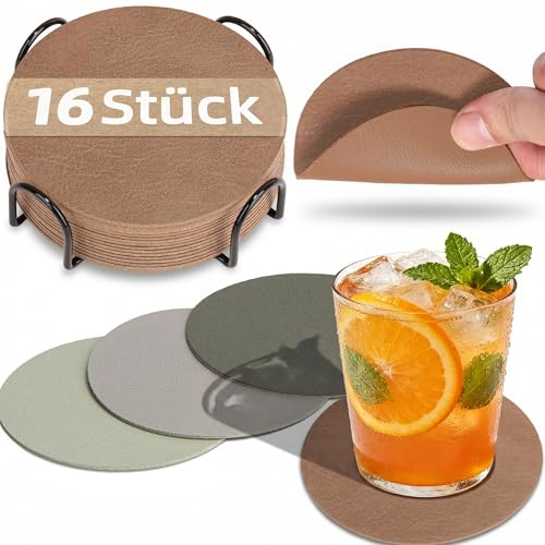 HELI MIAO 16 Stück Untersetzer Gläser,Doppelseitige Glasuntersetzer aus Kunstleder -Rund,rutschfest & hitzebeständig -Inkl.Aufbewahrungsständer(10cm,Braun) -Für Tisch,Bar,Outdoor