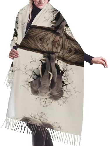Eleganter Schal mit Elefanten-Druck, Kaschmir, Fransenschal – Herbst-Winter-Schal für Damen, leichtes Reisezubehör