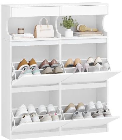 Hzuaneri Schuhschrank, Schuhkipper Schmal,20 Paar, 4 Klappen(100B cm), Weiß | Verstellbar, Schuhkommode für Eingang, Flur, Garderobe, SR56703X