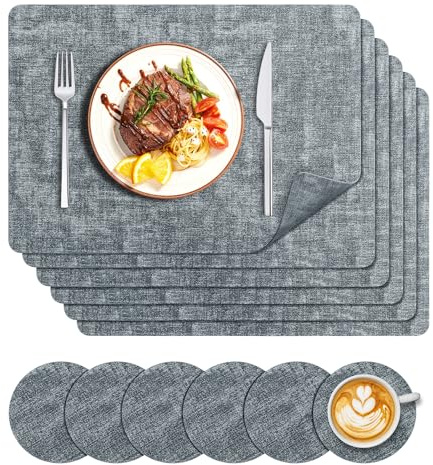 Senndio Placemats Set of 6, Heat-Resistant PU Leather Table Mats, Washable Non-Slip Dining Mats for Kitchen, Indoor Outdoor, Home, Restaurant, Party(Blue)