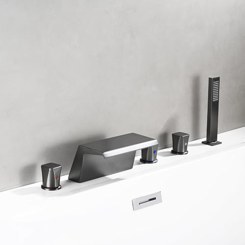 XDSMB Miscelatore Vasca Idromassaggio 5 Fori con Uscita Cascata Larga 20cm Grigio Doppia Funzione Rubinetto Vasca da Bagno con Doccetta