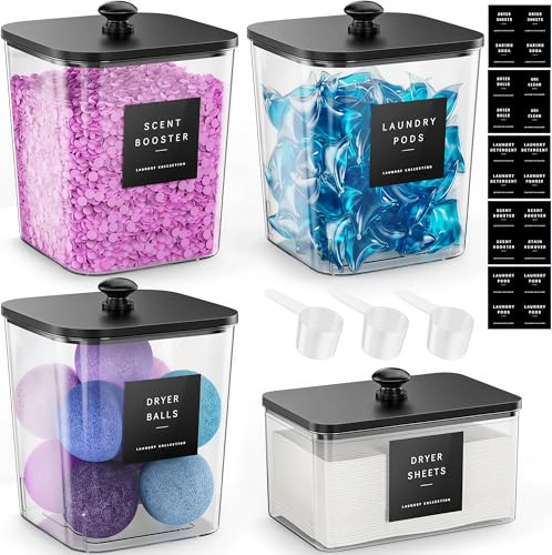 4er Waschmittel Pods Aufbewahrung, 2.5L Waschpulver Behälter, Acryl Vorratsdosen mit Schwarze Holzdeckel 3 Messlöffel und 20 Etiketten, Waschmittelbehälter Waschküche Organizer