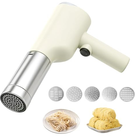 Nudelmaschine Elektrische Handheld, Kabellose Pasta Maker mit 5 Pressformen, Nudelmaschine Tragbare 40W, Aufladbar Pastamaschine für Ausgemachte Spaghetti/Fettuccine