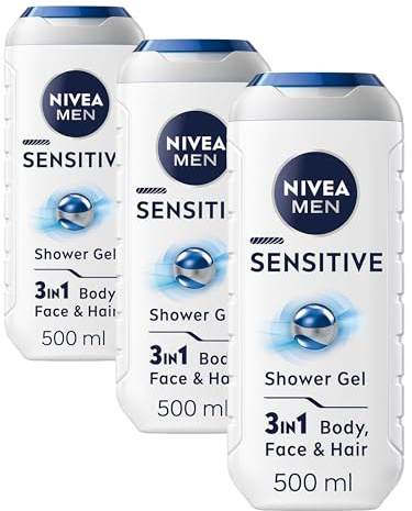 NIVEA MEN Sensitive Shower Gel (500 ml), Alcohol-Free Sensitive Skin Shower Gel, Gentle Shower Gel Men with Bamboo Extract, Body Wash for Men with Irritated and Sensitive Skin (Pack of 3)