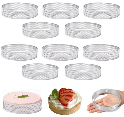 CAAGGMM Anneaux À Tartes Ronds, 10 Pièces 10 Cm Cercle À Pâtisserie Cuisson en Acier Inoxydable, Cercle À Tarte Perforé, Moule À Gâteau de Cuisson, pour Les Amateurs de Pâtisserie, Argent