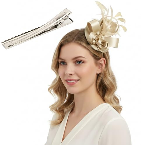 GYTFOG Gold Fascinator, Elegant Feather Fascinator Headband with Clip, Gold Fascinators for Weddings, Champagne, Wedding Bride Hats for Women Wedding Tea Party Headwear for Women Girls
