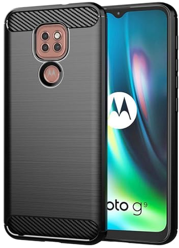 Techsuit für Motorola Moto E7 Plus Moto G9 Play Hülle mit Soft Touch, Stoßfest, Kameraschutz, Erhöhte Kanten, Luftkissen Ecken, Anti Fingerabdruck, Flexibel, Carbon Silicone Series, Schwarz