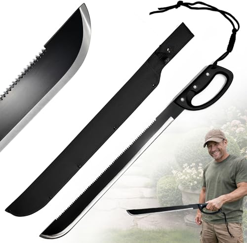 Roncola da Giardino con Sega Dorsale & Fodero in Nylon – Attrezzo 2-in-1 per Potatura | Lama 54,5 cm in Acciaio Inox 3Cr13 da 3 mm | Taglia Rami, Cespugli e Sterpaglie – Lunghezza totale 71 cm