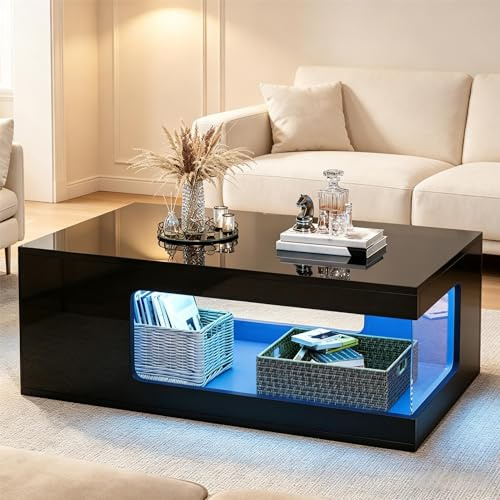 Calivra Couchtisch mit LED 100x50 cm, Hochglanz Wohnzimmertisch in Schwarz mit Glasablagen und offenem Stauraum, moderner Sofatisch für Wohnzimmer (Schwarz)