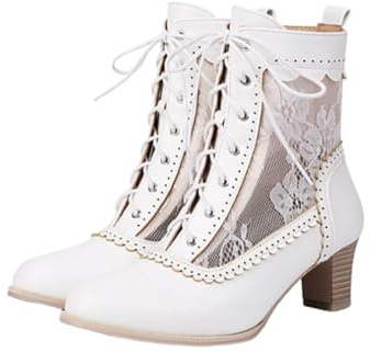 Stivali vittoriani da Donna - Stivaletti Comodi con Lacci Rotondi, Stivaletti con Tacco Basso, Stivaletti Stringati da Sposa,Bianca,44