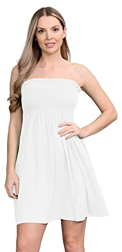 janisramone® Womens Bandeau Dress, Boob Tube Sheering Ruched Flared Mini Dress, Plain Strapless Summer Dresses, Perfect Holiday & Beach Dresses for Women UK White