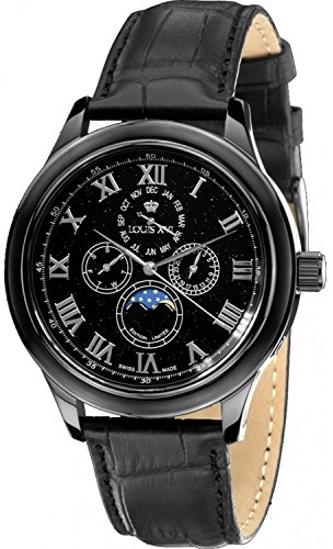 LOUIS XVI Herren-Armbanduhr La Lune le Grand Schwarz Stars Edition Silver Mondphase Analog Quarz echtes Leder Schwarz 555