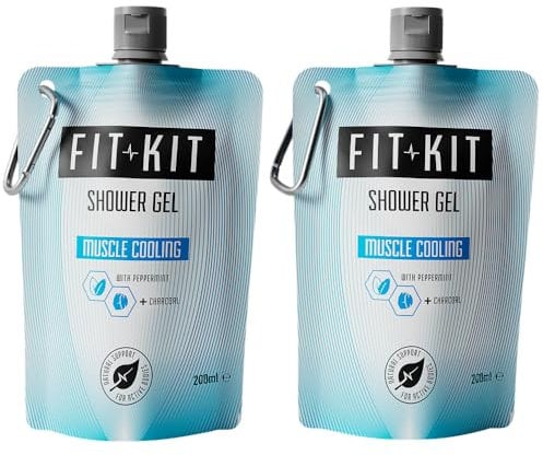 Fit Kit Muscle Cooling Sports Shower Gel Set | Post Workout Body Wash Infused with Peppermint Oil & Charcoal for Recovery from Muscle Soreness & to Cool Down after the Gym | Pack of 2 x 200ml Pouches