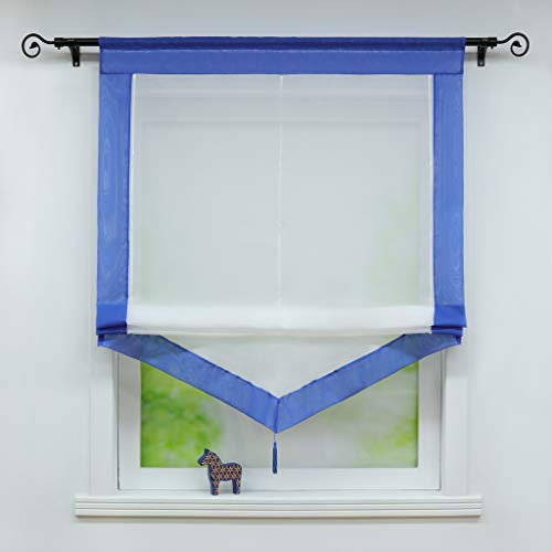 Joyswahl Voile Raffrollo mit Quaste Transparenter Dreieck Rollos mit farbigem Blende »Julia« Schals Fenster Gardine mit Tunnelzug BxH 80x140cm Blau 1 Stück