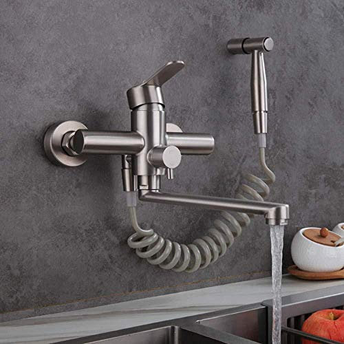 wasserhahn wandmontage, Wasserhahn Küche, Wandarmatur für Küche, mit Spritzpistole und 2 Wasserstrahlarten, schwenkbarem 360°-Auslauf,Edelstahl gebürstet, wasserhahn küche wandarmatur