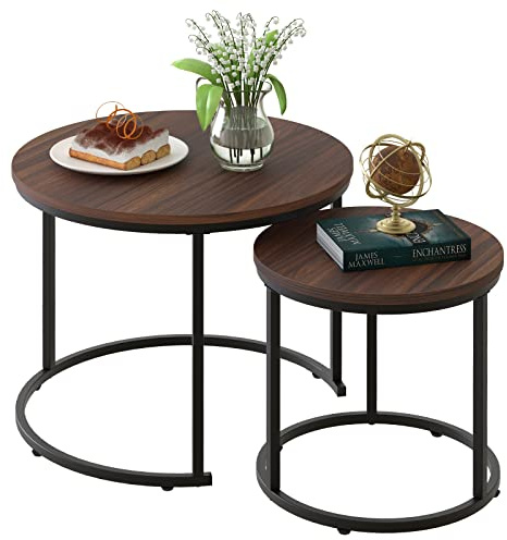 aboxoo Coffee Table Nesting Side Round Set of 2 End Table Top Sturdy Metal Frame Desk Centerpiece Living Room Bedroom Apartment Modern Industrial Simple Nightstand