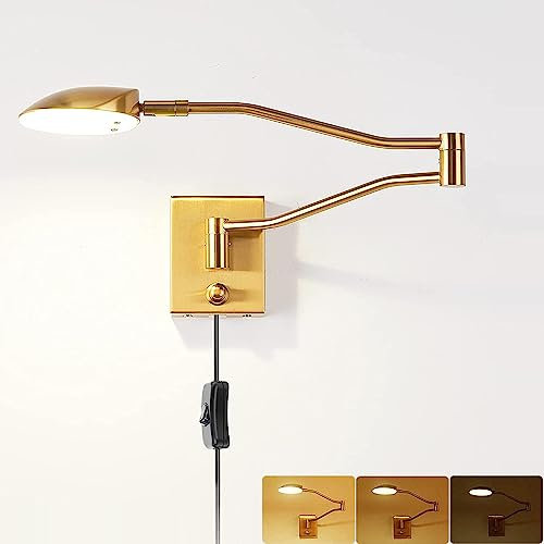 LED Wandleuchte Innen mit Schalter und Stecker, Dimmbar 9W Drehbar Wandlampe Nachttischlampe mit Kabel,4000K Warmweiß Licht, Verstellbare Lange Arm Wand Leselampe für Schlafzimmer Wohnzimmer,Gold