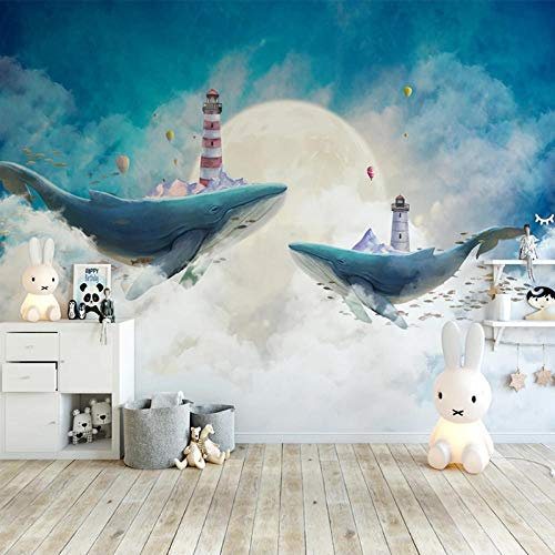 Non-tissées Photo papier peint Baleine de dessin animé avec ciel bleu et nuages blancs 3D Peintures murales fond d'écran photo salon TV fond d'écran mural 350x256 cm