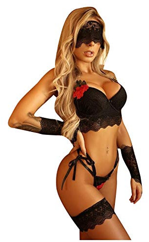 Dessous Damen Sexy Spitze Unterwäsche, 5-TLG Erotiek Stickerei Rose WäSche Für Frauen Sex Reizwäsche, Push Up BH +Tanga + Augenmaske + Manschette + Fußring, Sexy Babydoll Lingerie Nachtwäsche