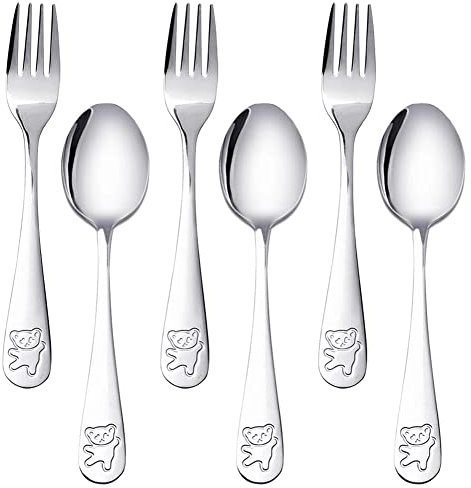 HUYIWEI Lot de 6 Couverts pour Enfant,Fourchette et Cuillère en Acier Inoxydable 18/10,Petit Ours Couverts pour Bébé,Convient pour Les Cuisines,Desserts et Cantines d'Enfants(16,5 cm)