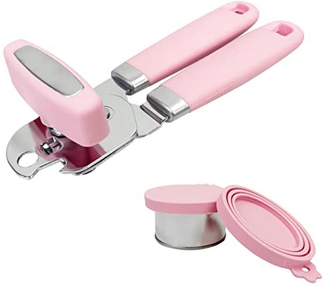 Uyauld Manual Can Opener, Handheld Tin Opener Cork Screw, Easy Turn Knob, Built in Bottle Opener, Hangs for Convenient Kitchen Storage, Easily Open Tin Cans, 2 Silicone Lid Cover for Can, Pink