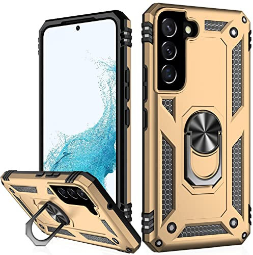 IKAZZ Coque antichoc de qualité militaire pour Galaxy S22, protection renforcée, test de chute 5 m, support magnétique intégré pour voiture, doré